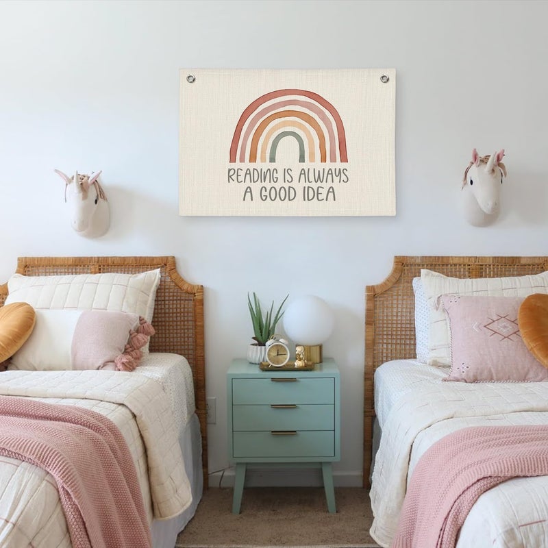 PLKMN Reading Corner Decor for Classroom, Reading Is Always A Good Idea Canvas Banner, Boho Rainbow Wall Hanging Banner Flag Decor for Reading Corner Nook Playroom - Image 5